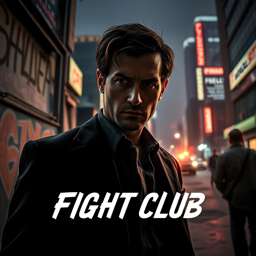 A cinematic photography cover for the book 'Fight Club', featuring a gritty urban setting at night