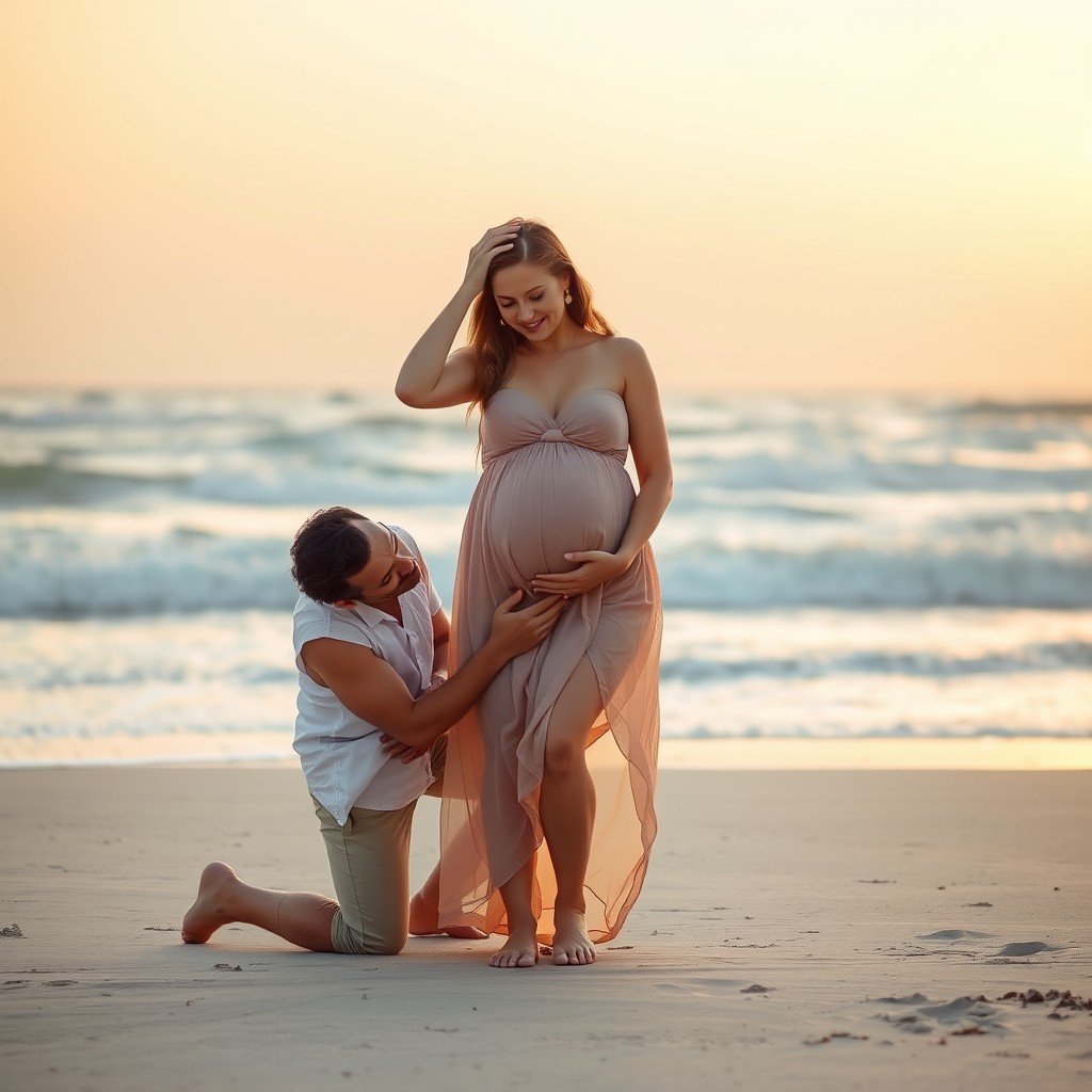 A beautiful pregnant woman standing on a beach with two men