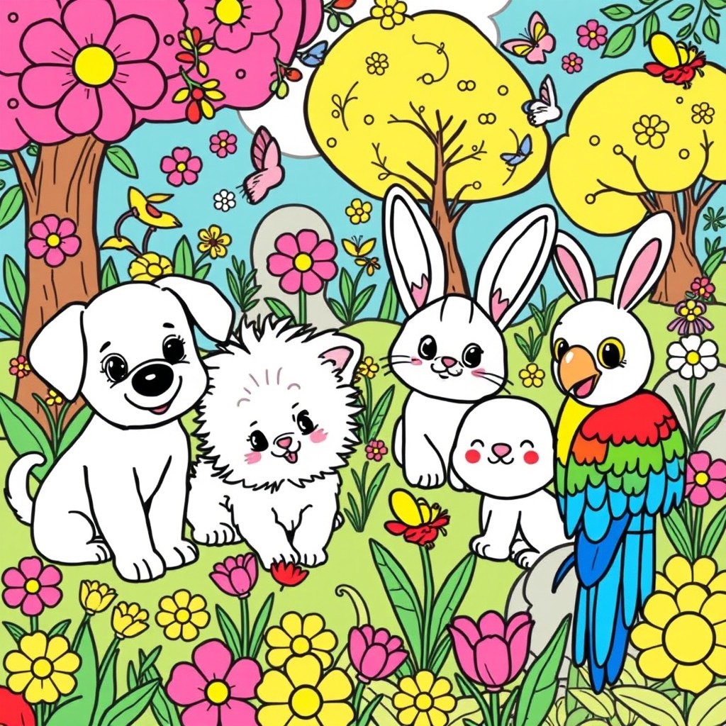 A delightful scene featuring various adorable animals designed for children's coloring, including a playful puppy, a fluffy kitten, a cheerful bunny, and a colorful parrot