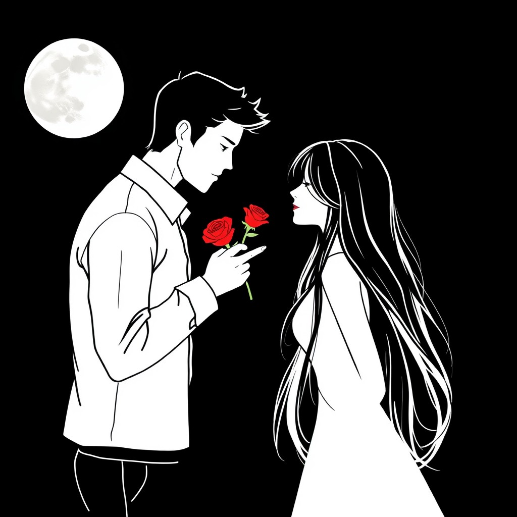 A romantic scene set against a black background, featuring a couple gazing passionately at each other