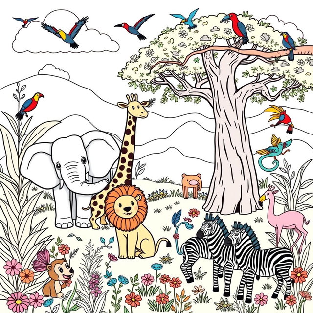 A beautifully illustrated coloring page featuring a variety of lovely African animals in their natural habitats