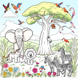 A beautifully illustrated coloring page featuring a variety of lovely African animals in their natural habitats