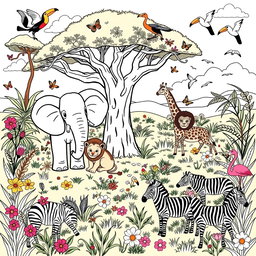 A beautifully illustrated coloring page featuring a variety of lovely African animals in their natural habitats