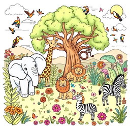 A beautifully illustrated coloring page featuring a variety of lovely African animals in their natural habitats