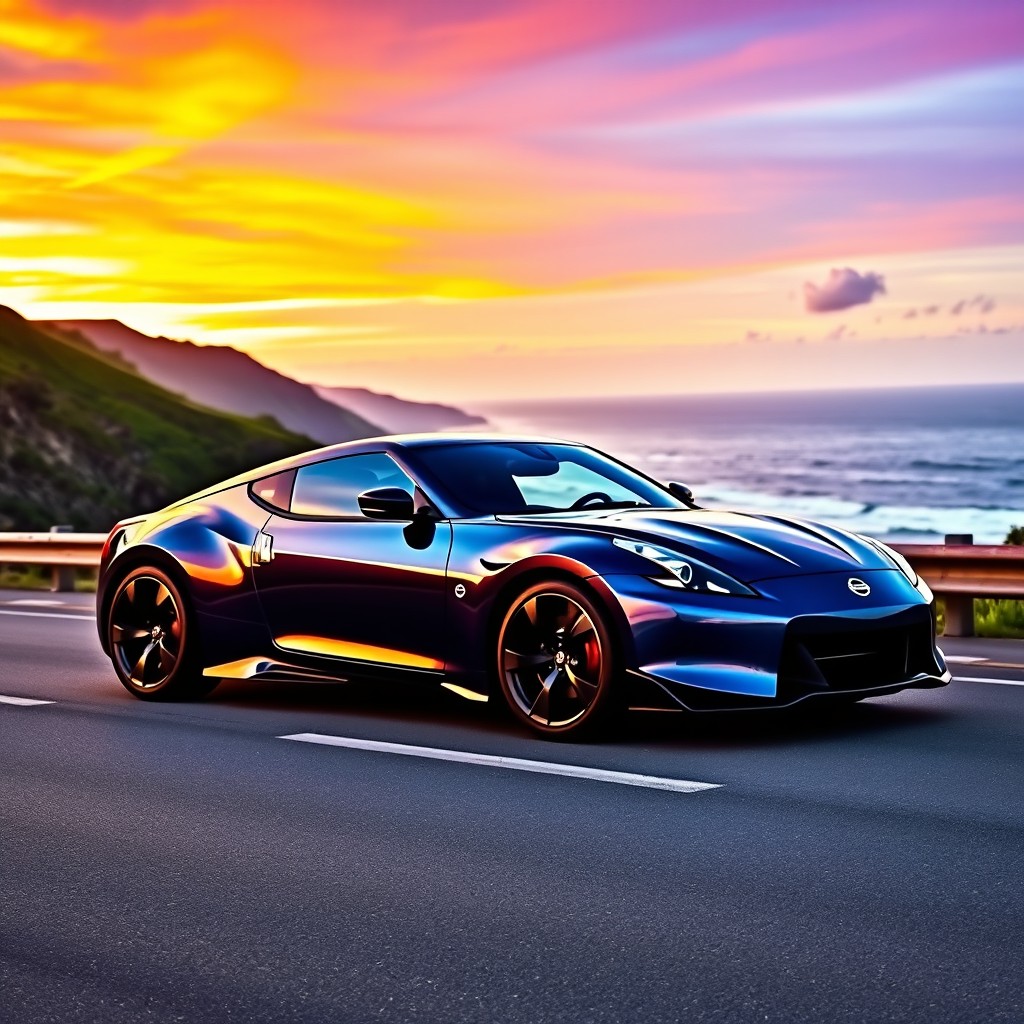 A sleek, modern Nissan sports car parked on a scenic coastal highway during sunset