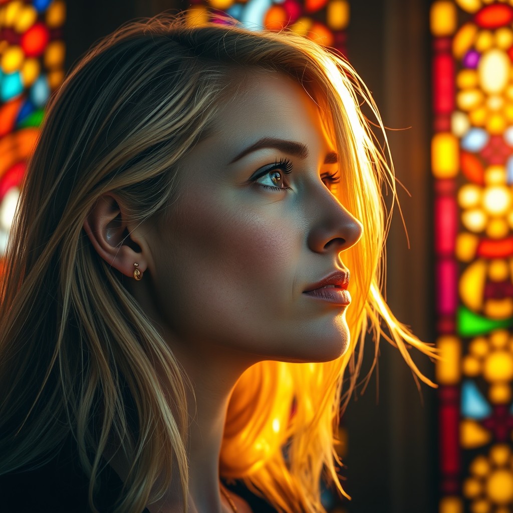 A beautiful blonde woman with a tear on her cheek, gazing through a vibrant and colorful church mosaic window