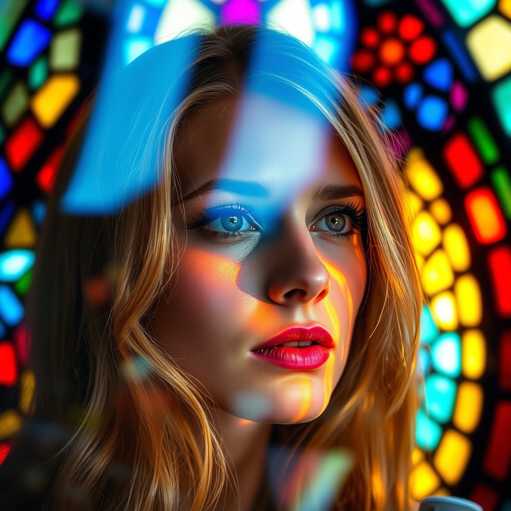 A beautiful blonde woman visible through a colorful mosaic church window, with a tear rolling down her cheek
