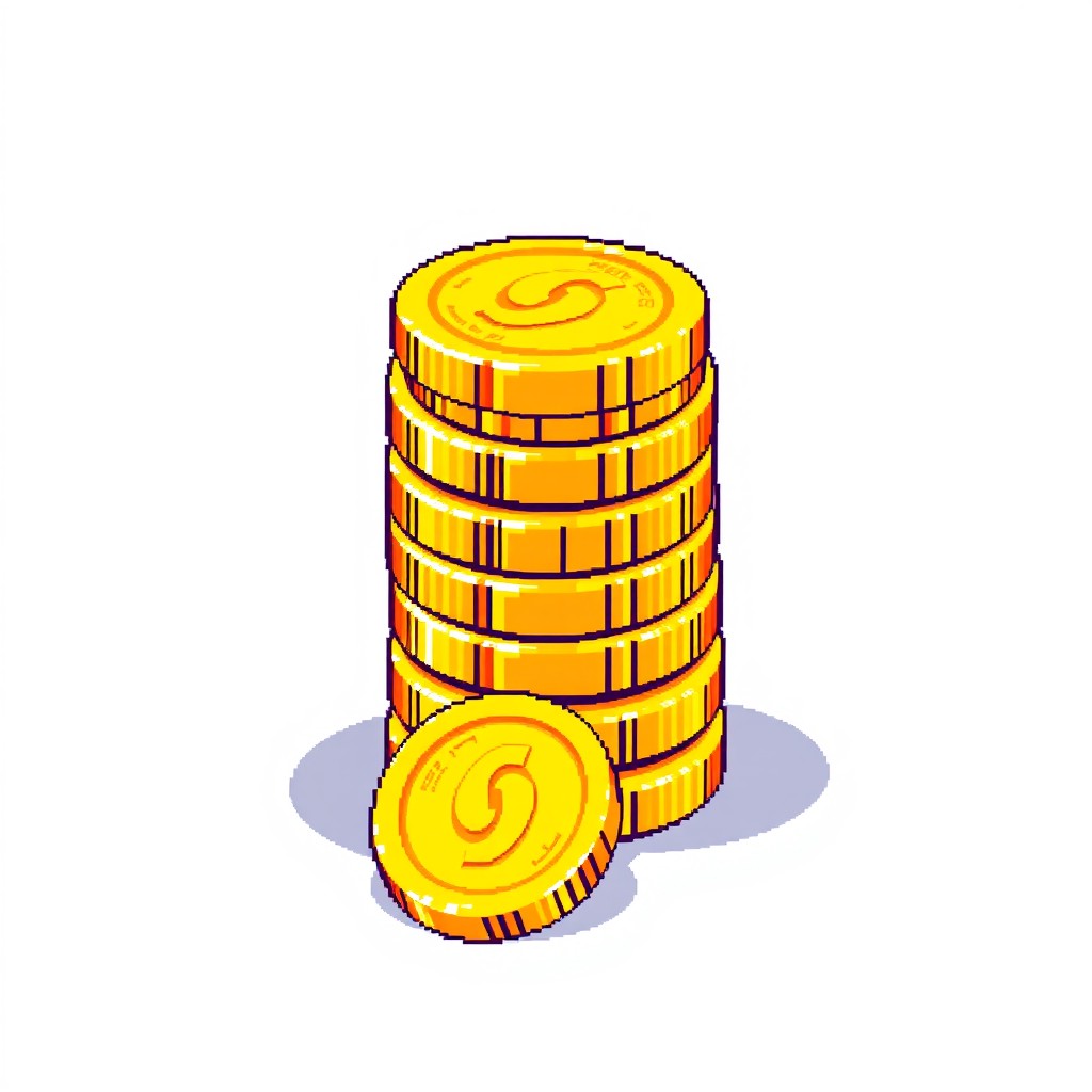 A vibrant pixel art image of a stack of gold coins, designed with a retro 8-bit style