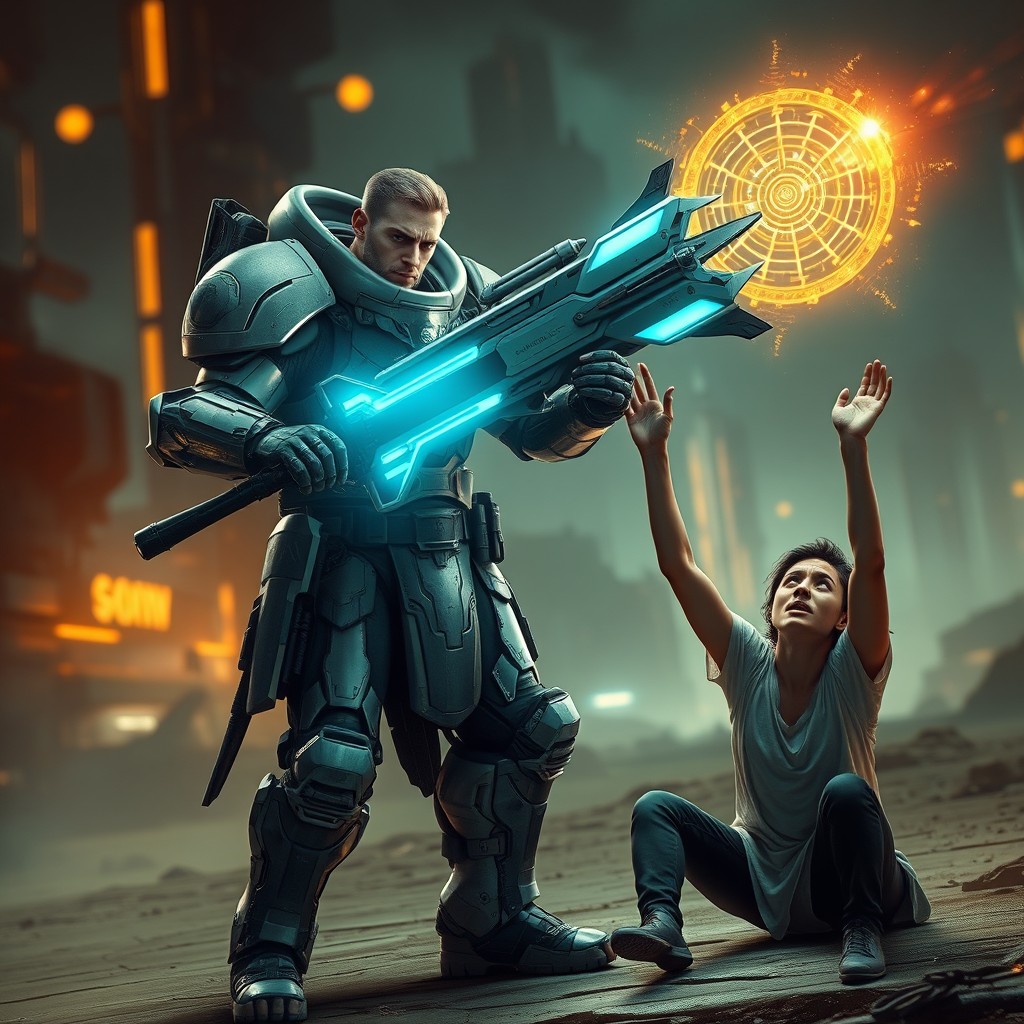 A futuristic fighter in high-tech armor, wielding an advanced weapon named 'Zeitgeist', which emanates energy and glows with intricate designs