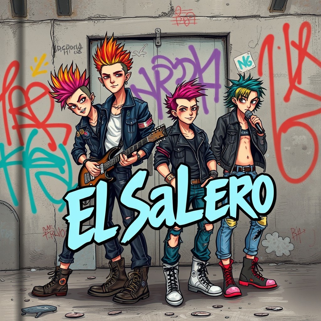 A vibrant and dynamic illustration for the cover of a book titled 'El Salero', featuring a group of rocker boys embodying punk culture
