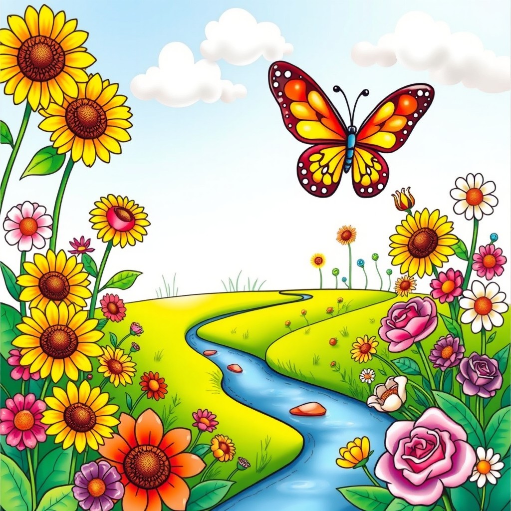 A beautifully illustrated color page featuring a whimsical garden filled with vibrant flowers of various shapes and sizes, including sunflowers, daisies, and roses