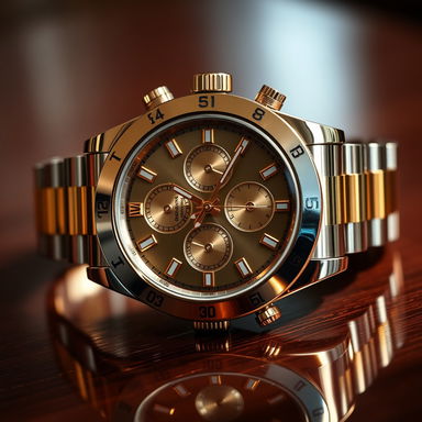 A luxurious close-up of a shiny Rolex watch, featuring a gleaming stainless steel case, intricate gold details, and a classic chronograph design