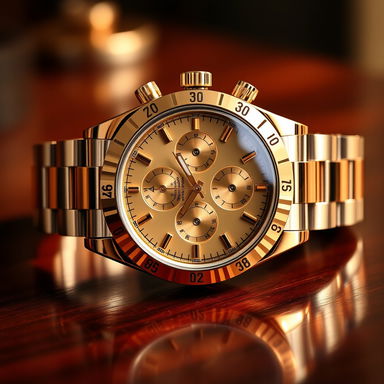 A luxurious close-up of a shiny Rolex watch, featuring a gleaming stainless steel case, intricate gold details, and a classic chronograph design