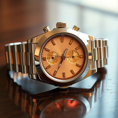 A luxurious close-up of a shiny Rolex watch, featuring a gleaming stainless steel case, intricate gold details, and a classic chronograph design