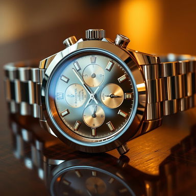 A luxurious close-up of a shiny Rolex watch, featuring a gleaming stainless steel case, intricate gold details, and a classic chronograph design