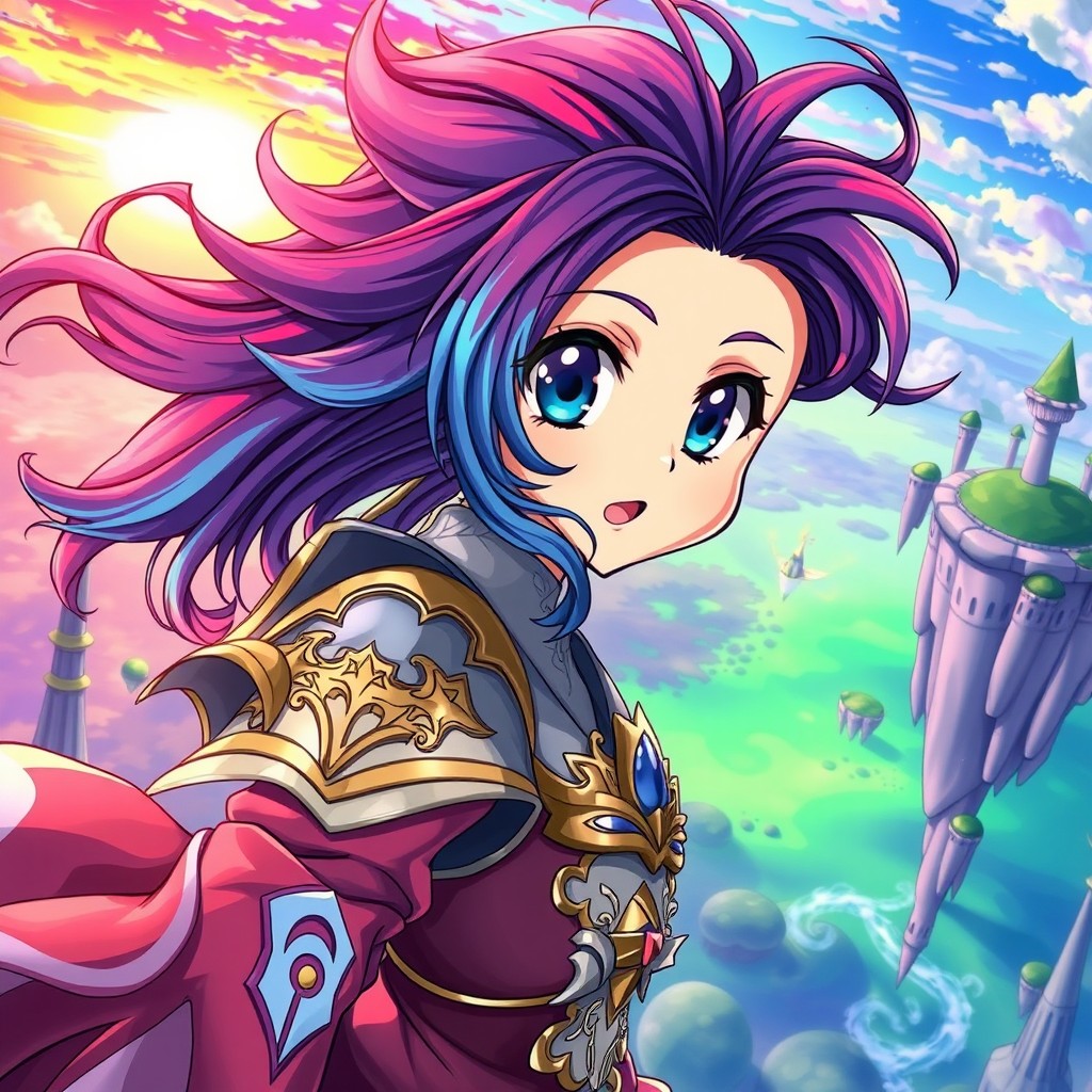 A vibrant, dynamic illustration of an anime character, featuring strikingly colorful hair styled in an elaborate fashion and expressive large eyes