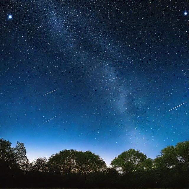 A deep blue evening sky studded with twinkling stars