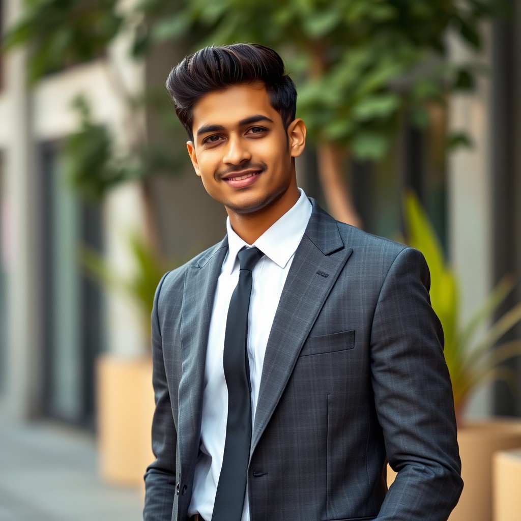 A young Indian man exuding stylish elegance, dressed in a tailored dark grey suit