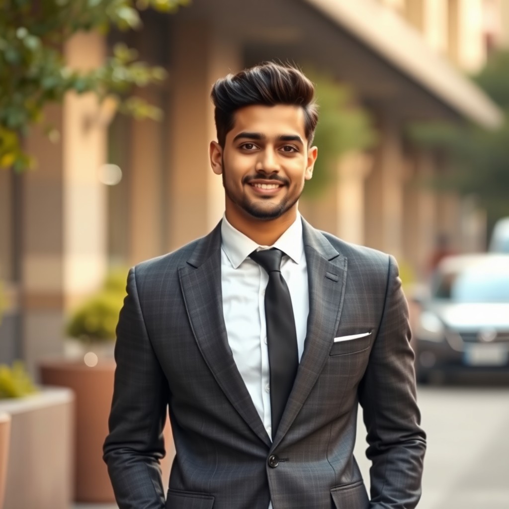 A young Indian man showcasing stylish elegance, dressed in a sharp dark grey suit