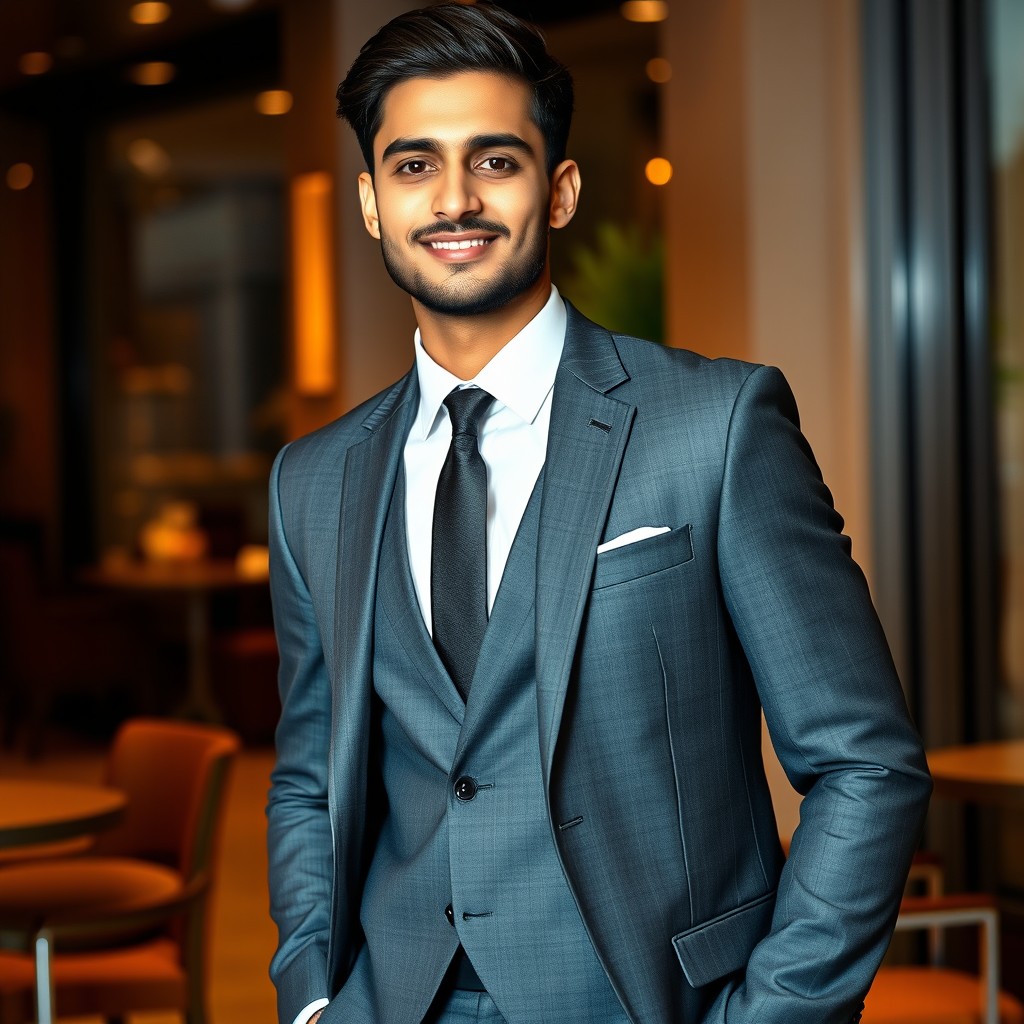 A stylish young Pakistani man wearing a sleek dark grey suit, standing confidently with a charismatic smile