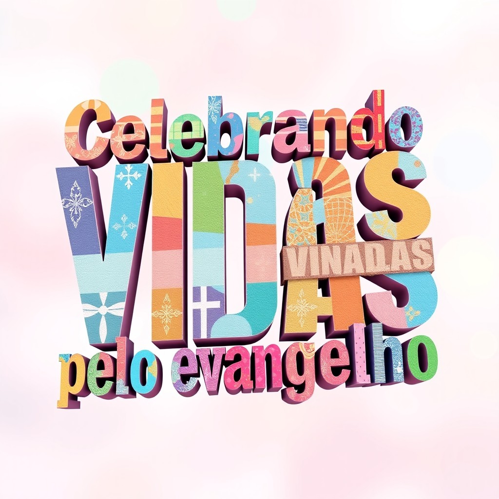 A vibrant and uplifting 3D design featuring the phrase "Celebrando vidas transformadas pelo evangelho" in bold, artistic typography