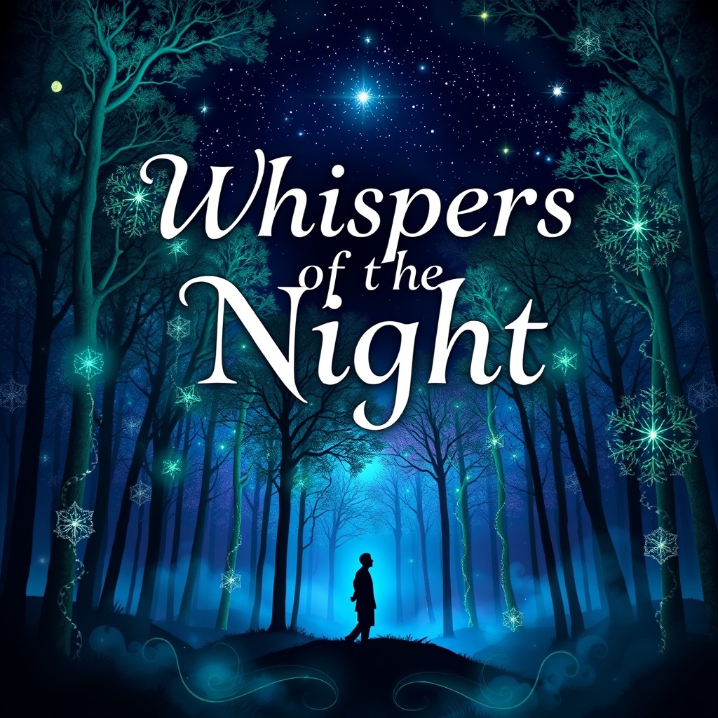 A captivating book cover design featuring a mystical forest with glowing trees under a starry night sky