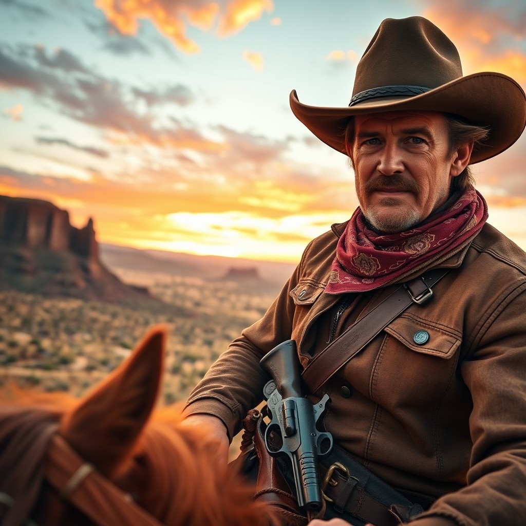 A close-up of a rugged cowboy riding a horse in the foreground, showcasing the details of his attire including a classic cowboy hat, a weathered leather jacket, and a bandana