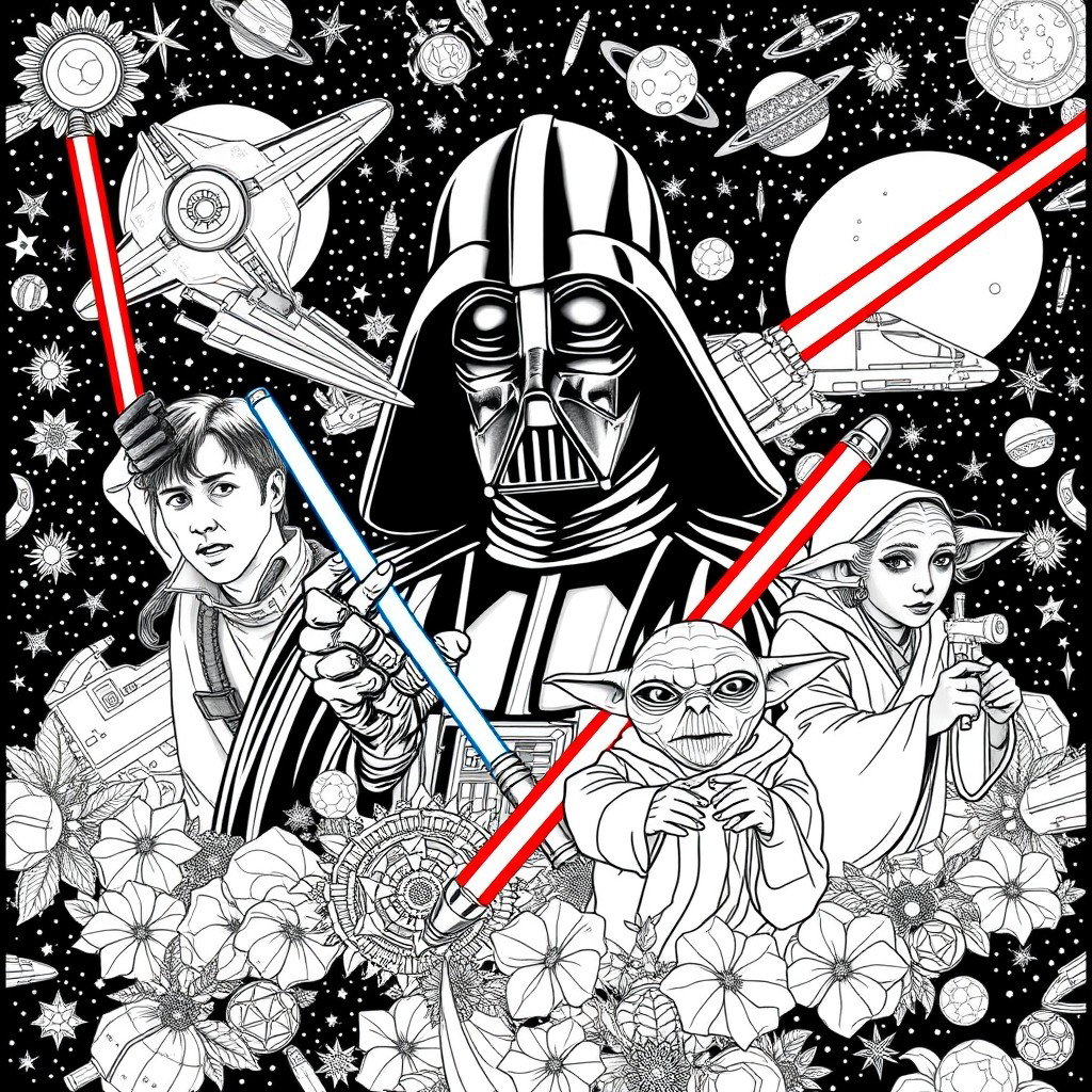 Intricate and detailed Star Wars-themed coloring pages for adults, featuring iconic characters like Luke Skywalker, Darth Vader, Princess Leia, and Yoda in various dynamic poses