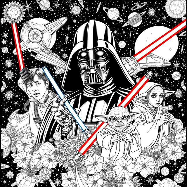 Intricate and detailed Star Wars-themed coloring pages for adults, featuring iconic characters like Luke Skywalker, Darth Vader, Princess Leia, and Yoda in various dynamic poses