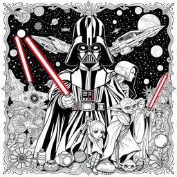 Intricate and detailed Star Wars-themed coloring pages for adults, featuring iconic characters like Luke Skywalker, Darth Vader, Princess Leia, and Yoda in various dynamic poses