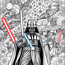 Intricate and detailed Star Wars-themed coloring pages for adults, featuring iconic characters like Luke Skywalker, Darth Vader, Princess Leia, and Yoda in various dynamic poses