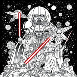 Intricate and detailed Star Wars-themed coloring pages for adults, featuring iconic characters like Luke Skywalker, Darth Vader, Princess Leia, and Yoda in various dynamic poses