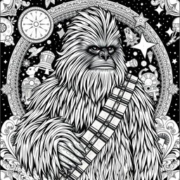 An intricate coloring page featuring Chewbacca from Star Wars, depicted in a dynamic and heroic pose