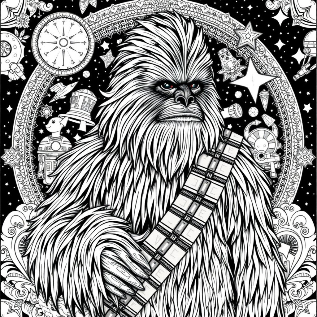 An intricate coloring page featuring Chewbacca from Star Wars, depicted in a dynamic and heroic pose