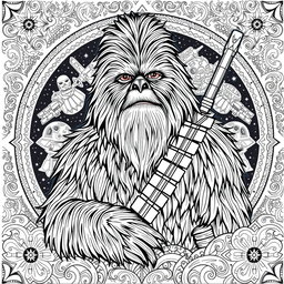 An intricate coloring page featuring Chewbacca from Star Wars, depicted in a dynamic and heroic pose
