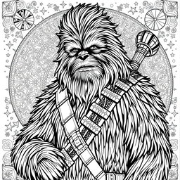 An intricate coloring page featuring Chewbacca from Star Wars, depicted in a dynamic and heroic pose