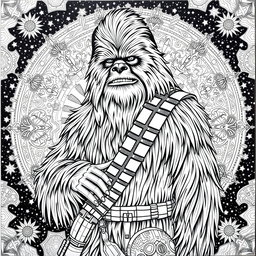 An intricate coloring page featuring Chewbacca from Star Wars, depicted in a dynamic and heroic pose