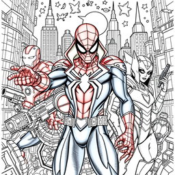 Intricate and detailed coloring pages featuring iconic Marvel superheroes, such as Spider-Man, Iron Man, and Black Widow