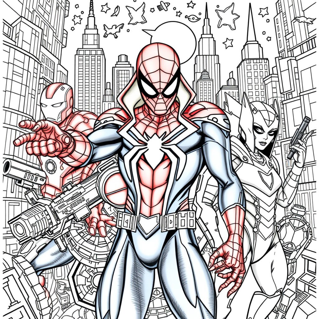 Intricate and detailed coloring pages featuring iconic Marvel superheroes, such as Spider-Man, Iron Man, and Black Widow