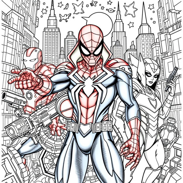Intricate and detailed coloring pages featuring iconic Marvel superheroes, such as Spider-Man, Iron Man, and Black Widow