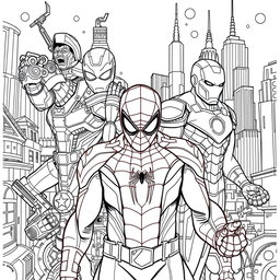 Intricate and detailed coloring pages featuring iconic Marvel superheroes, such as Spider-Man, Iron Man, and Black Widow