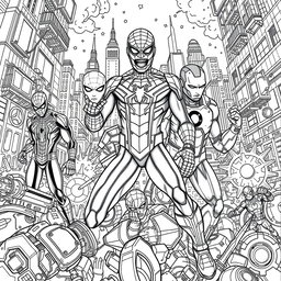 Intricate and detailed coloring pages featuring iconic Marvel superheroes, such as Spider-Man, Iron Man, and Black Widow