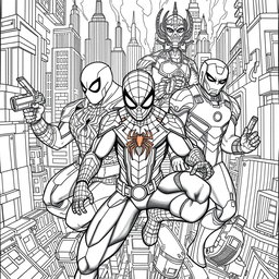 Intricate and detailed coloring pages featuring iconic Marvel superheroes, such as Spider-Man, Iron Man, and Black Widow