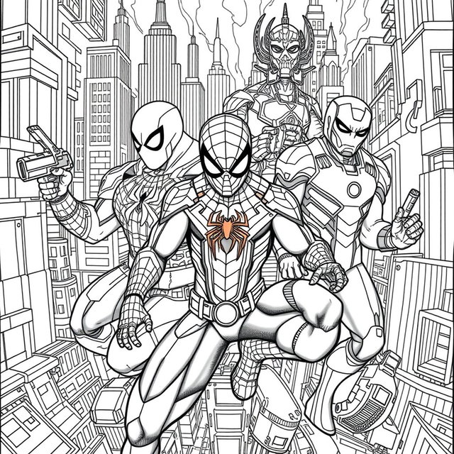 Intricate and detailed coloring pages featuring iconic Marvel superheroes, such as Spider-Man, Iron Man, and Black Widow