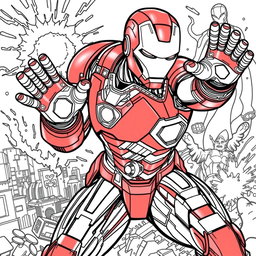 Intricate and detailed coloring page featuring Iron Man in a dynamic action pose, showcasing his iconic armor with various technological details