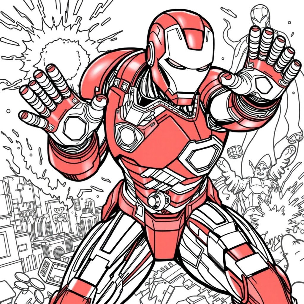 Intricate and detailed coloring page featuring Iron Man in a dynamic action pose, showcasing his iconic armor with various technological details