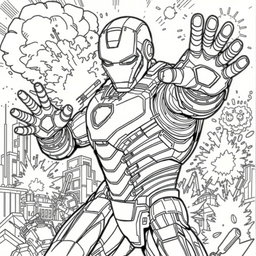 Intricate and detailed coloring page featuring Iron Man in a dynamic action pose, showcasing his iconic armor with various technological details