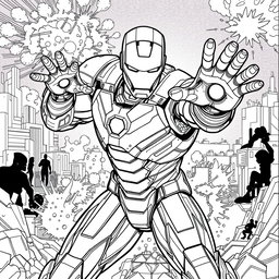 Intricate and detailed coloring page featuring Iron Man in a dynamic action pose, showcasing his iconic armor with various technological details
