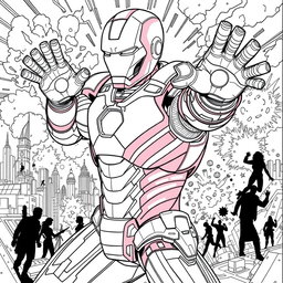 Intricate and detailed coloring page featuring Iron Man in a dynamic action pose, showcasing his iconic armor with various technological details