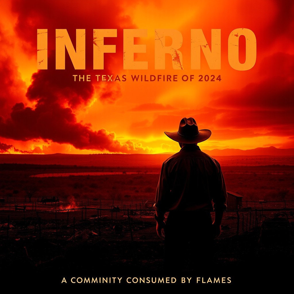 A dramatic movie poster for a documentary titled 'Inferno: The Texas Wildfire of 2024'